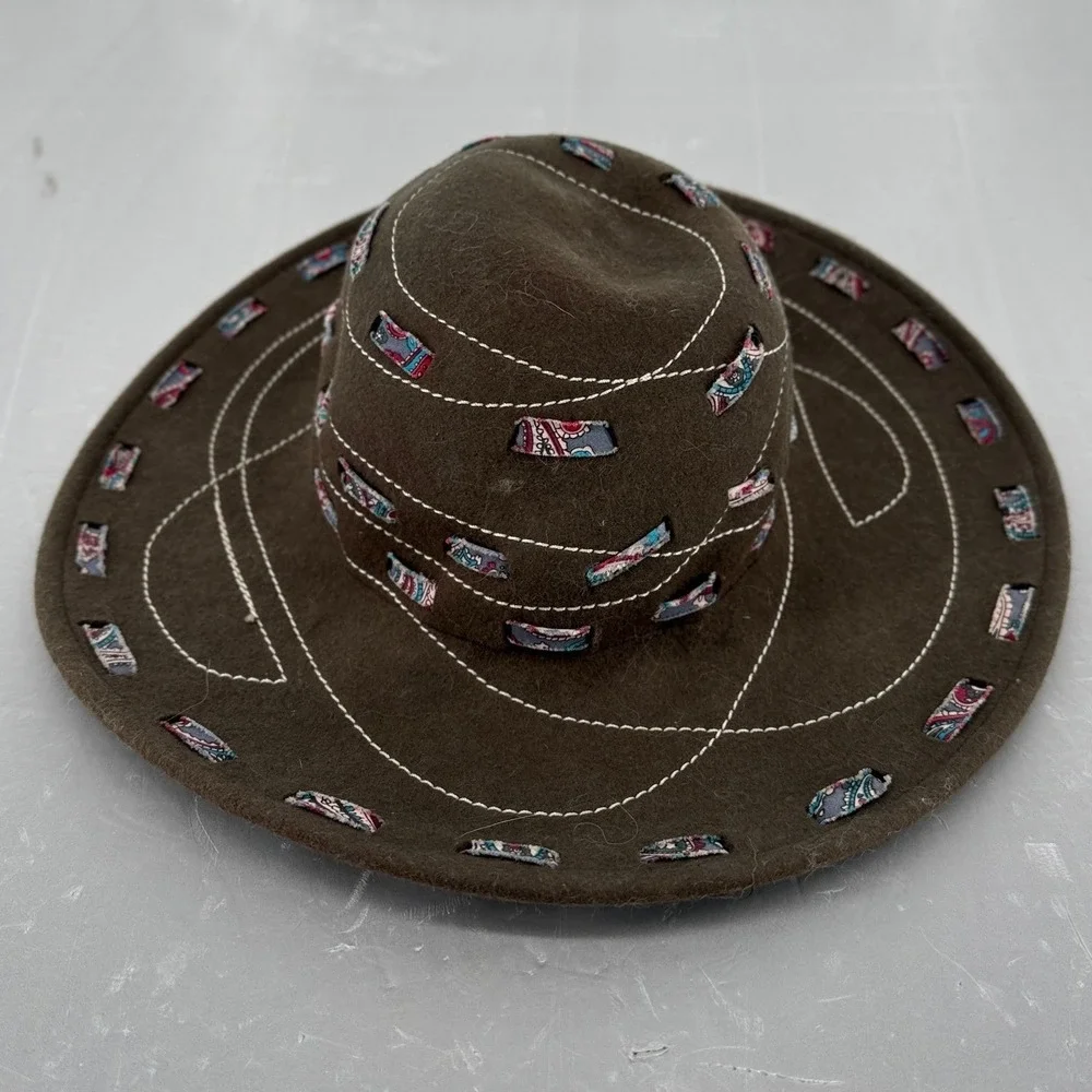 San Diego Hat Co Brown 100% Wool Felt Wide Brim Hat Paisley Accents One Size